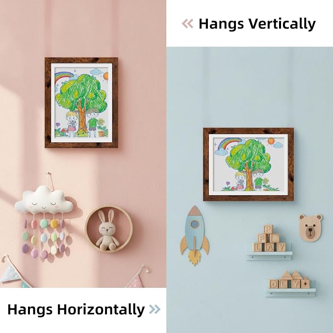 Kids Art Frames 9x12 - Front Opening Childrens Picture Frame Changeable, Wood Artwork Display Storage for Wall Mount, Magnetic Door Holds 50 Art Pieces for Drawings, 3D Picture, Crafts, Portfolio, Dark Brown