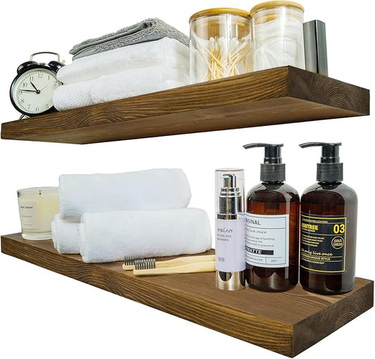 BGMG Wood Floating Shelves for Wall 24 inch Set of 2, Rustic Wooden Wall Mount Shelves for Bathroom Living Room Bedroom Kitchen Farmhouse -24x6.7-Dark Walnut
