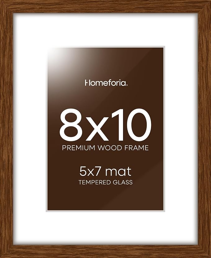 Homeforia 8x10 Picture Frame Brown, High End Dark Oak 8 x 10 Walnut Wooden Frames with Mat 5 by 7 Photo, 8x10 Wood Frame Matted to 5x7 Print, Wall or Tabletop Frame, Tempered Glass, Wall Kit, Set of 2