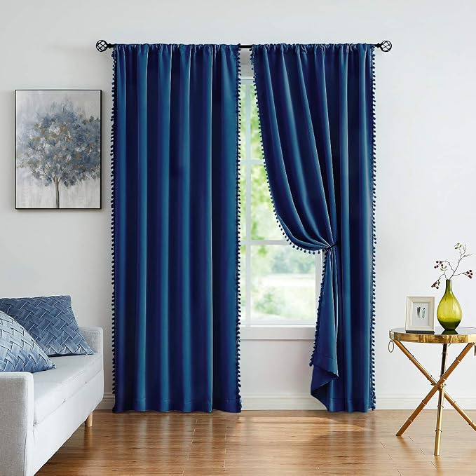 Pom Pom Curtains 90" Navy Royal Blue Blackout Curtains Bedroom Windows Drapes Triple Weave Thermal Insulated Curtain Panels for Men Boys Nursery Room Studio Hotel 52"w x2 Panels Rod Pocket