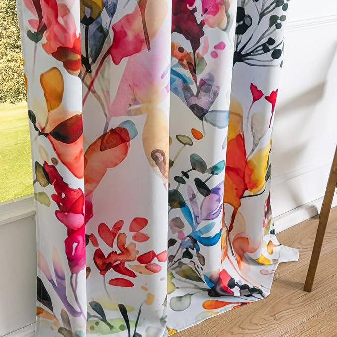 Floral Blackout Curtains 108 inches Long 2 Panel 52x108 Grommet, Colorful Vintage Flowers Print Patterned Thermal Insulated Black Out Drapes Window Treatment for Bedroom Living Room Decor