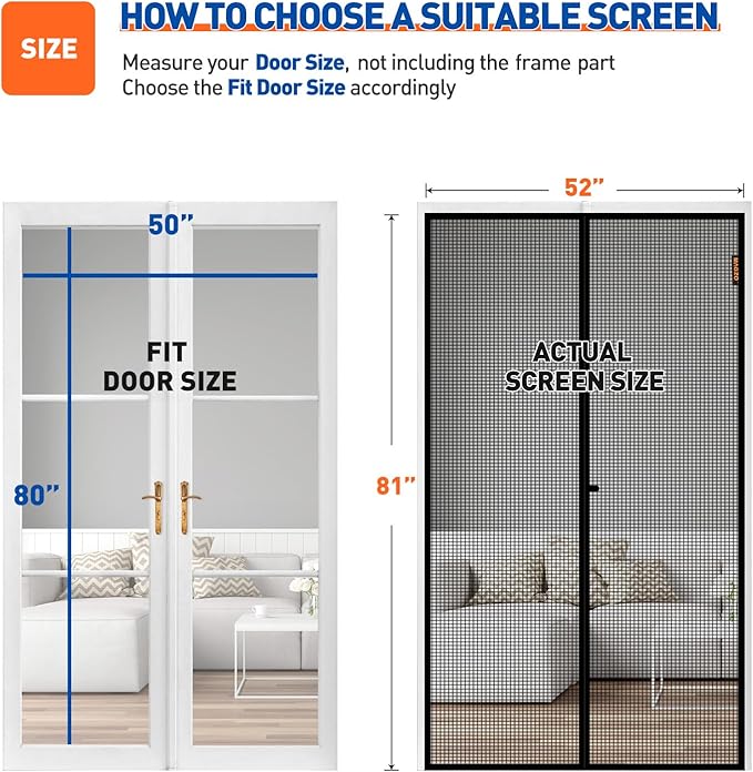 MAGZO Magnetic Screen Door Fit Door Size 50 x 80 Inch, Screen Size 52" x 81" Strong Magnet Door Mesh with Reinforced Hook & Loop for Patio Door, Front Door, Doorway, Black