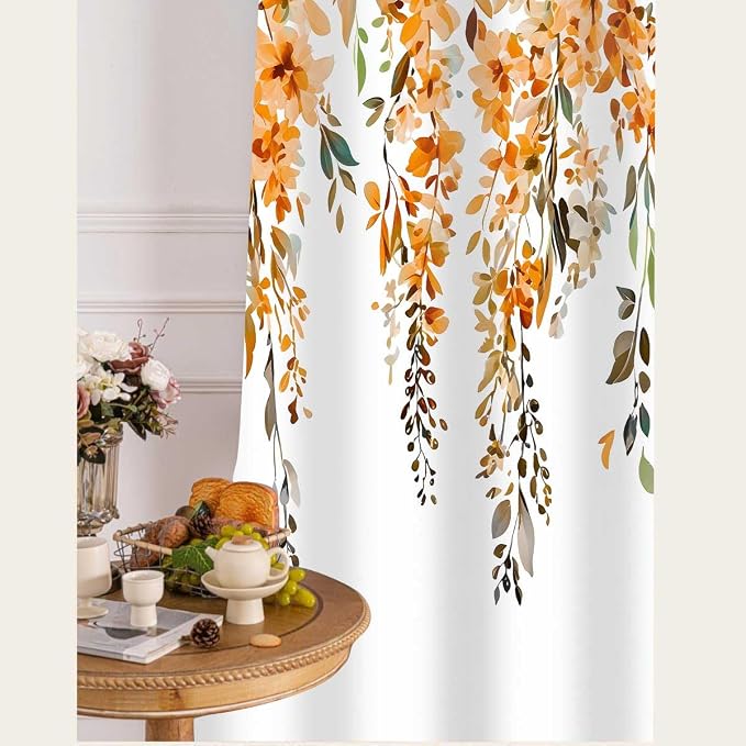 Orange Watercolor Floral Curtains, Botanical Leaves Vine Flowers Curtain, Rustic Farmhouse Flower Leaf Blackout Window Treatment Drapes for Bedroom Living Room 42x96 inch, 2 Panels