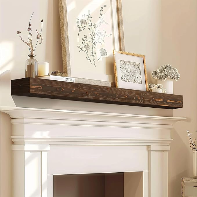 Fireplace Mantel Handmade, 3'' Thick Wall Decor Long Floating Shelf, 48inch Rustic Wood Shelf with Invisible Brackets, Brown