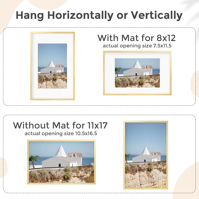 11x17 Metal Picture Frame for Wall With Mat for 8x12, 11''x17'' Aluminum Photo Frames With Tempered Glass for Home Decor, Minimalist Modern Poster Frame Horizontal And Vertical Formats, 3 PCs, Gold