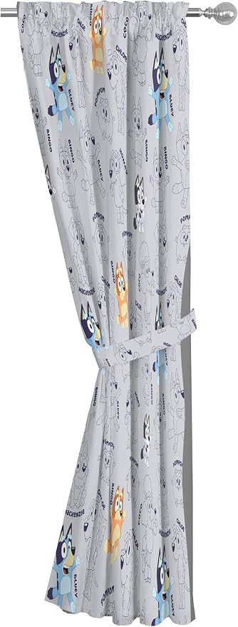 Jay Franco Window Curtains for Kids Bedroom 4-Piece Drape Set with 2 Tiebacks, Grey - Bluey, 42" W x 84" L (Pack of 2)