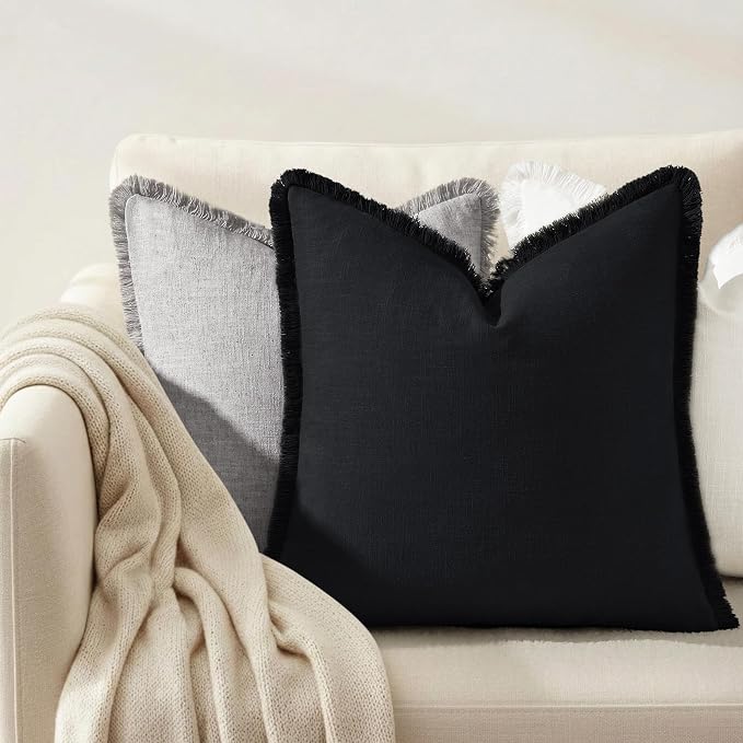 decorUhome Linen Fringe Euro Sham Throw Pillow Covers Set of 2 Decorative Black Pillow Covers with Tassels Soft Accent Boho Farmhouse Pillow Cases for Couch Bed Sofa 22x22 Inch
