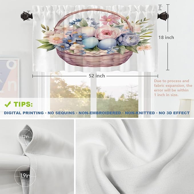 Shrahala Basket Flowers Eggs Blackout Short Curtains for Windows, A Basket with Floral and Eggs Kitchen Valance Thermal Insulated Rod Pocket Window Treatment for Bathroom 2 Pack 52 X 18 in