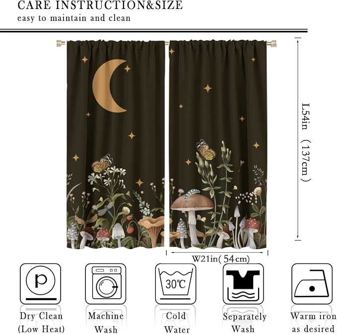 Wild Mushroom Blackout Curtains,Retro Floral Plants Boho Moon Star Window Drapes,Butterfly Botanical for Living Room Kitchen Bedroom,Black Background 42x54 Inch