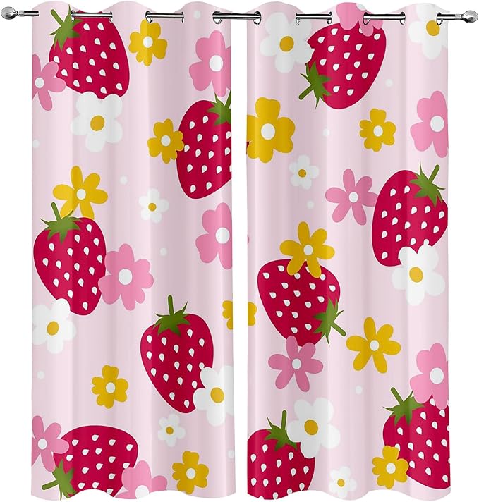 LUVIVIHOME Cute Strawberry Curtains, Yellow White Pink Floral Blackout Curtains, Girls Bedroom Decor, Girly Curtains, 2 Panel Sets, 52x84 Inch