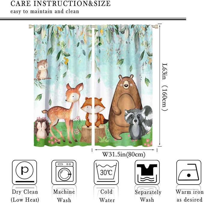 YCness Kid Forest Woodland Animal Fox Elk Bear Watercolor Print Curtains for Nursery Bedroom Living Room, Rustic Safari Wild Animal Blackout Window Drapes 2 Panel Set, 63x63 Inch