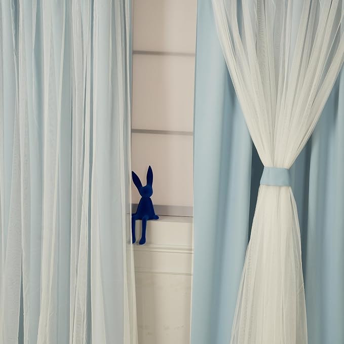 INLINAS 52 x 84 Inch Blackout Curtains with Sheer Overlay - Grommets Thermal and Noise Reduction Panels for Bedroom and Living Room Light Blocking and Energy Saving, Sky Blue, Set of 2