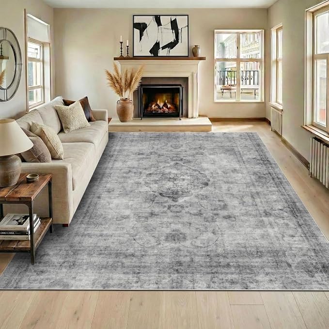Homemate Washable Rug 8x10 Area Rugs - Vintage Faux Wool Rugs for Living Room Bedroom Dining Room - Non Slip Foldable Carpet Indoor Area Rug for Home Decor（8'x10', Black