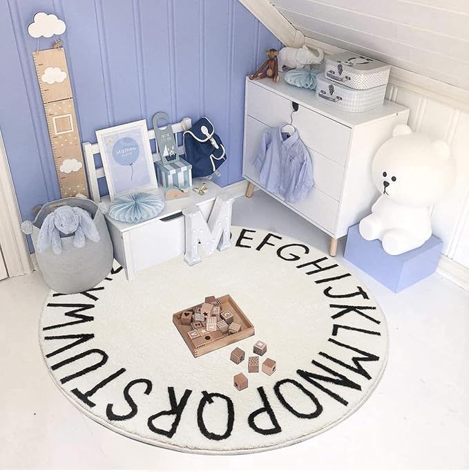 Topotdor Round ABC Area Rug,63 Inch Soft Floor Carpet,White | Washable Alphabet Circle Rug,Non Slip Floor Mat Ideal for Bedrooms,Kids Rooms,Classrooms