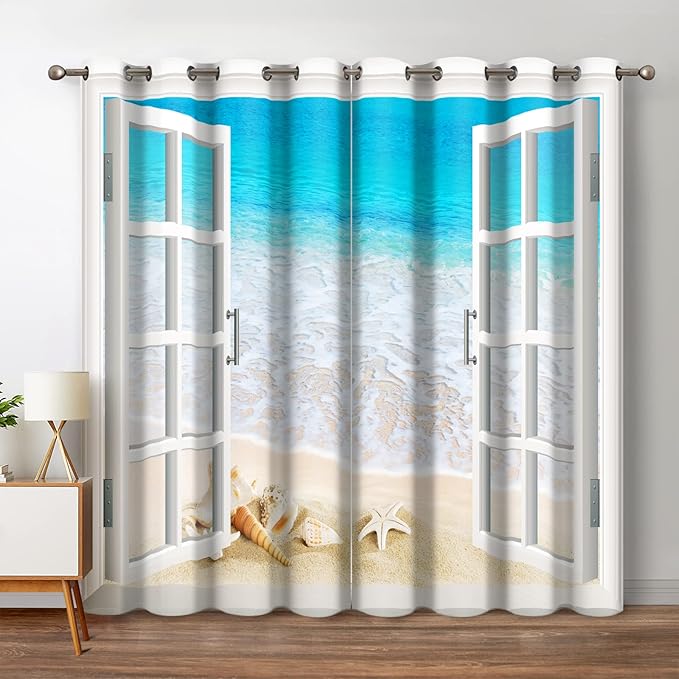 Jekeno Ocean Beach Blackout Curtains Tropical Scene Sea Waves Shell Starfish Conch View Through White Wooden Window Bedroom Living Room Decor Darkening Grommet Window Drapes 2 Panel Set, 52"x63"