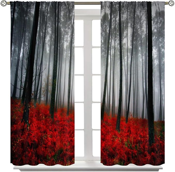 Green Forest Blackout Curtains for Bedroom,Watercolour Nature Lake Misty Forest Plants Trees Landscape Window Drapes for Boys Girls Living Room Kitchen 42x63in