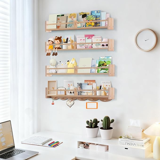 34Inch Nursery Book Shelves Wall Mounted, Floating Book Shelf for Kids Coat Rack with 6 Hooks, Wall Hanging Shelf for Baby Nursery Room Organizer ，Patent Number:US-D1058229-S(4, Burlywood)