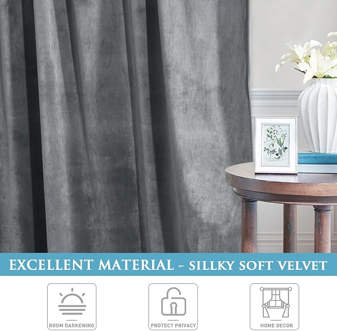 StangH Velvet Drapes 90 inches Long, Light Grey Luxury Home Decoration Bedroom Thermal Insulated Window Curtains for Sliding Door Cafe, W52 x L90, 2 Panels