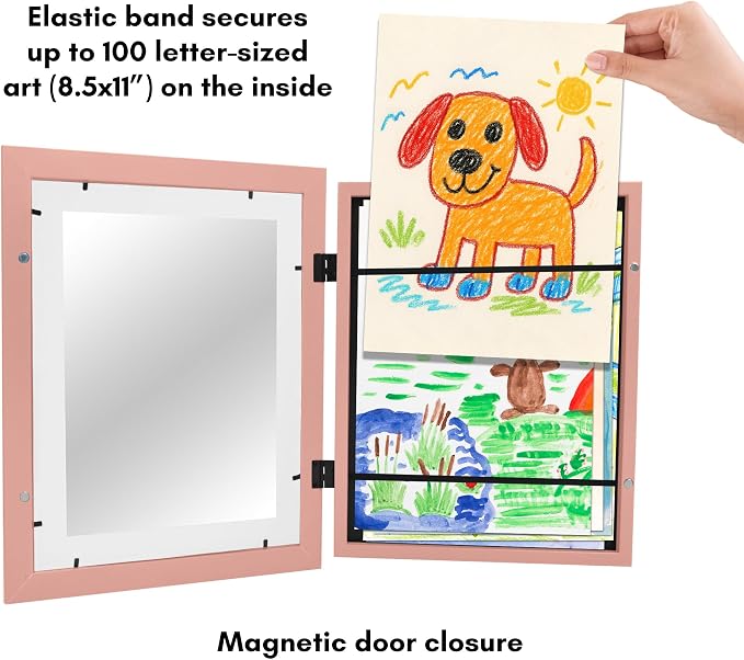 Americanflat - 2 Pack - Kids Artwork Frame Changeable (Pink) - Magnetic Door Holds 100 Art Pieces - 8.5x11 Letter Size Display with Mat or 10x12.5 Without Mat - My Mini Masterpiece