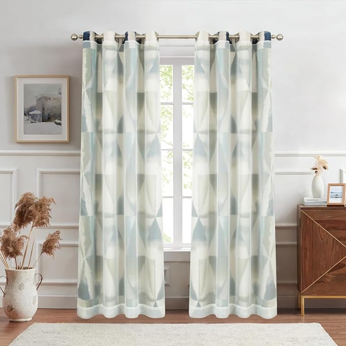 Leeva Grommet Double Layered Curtains and Solid Sheer, Modern Geometric Printing Privacy Window Treatment Curtain Panels for Bedroom Living Room, Blue, Set of 2, 52 x 84 Inches