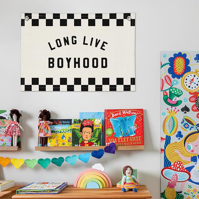Long Live Boyhood Race Car Boys Room Decor - Checkered Banner Wall Hanging Canvas Banner Flag Decor for Toddler Boy Room Nursery Playroom