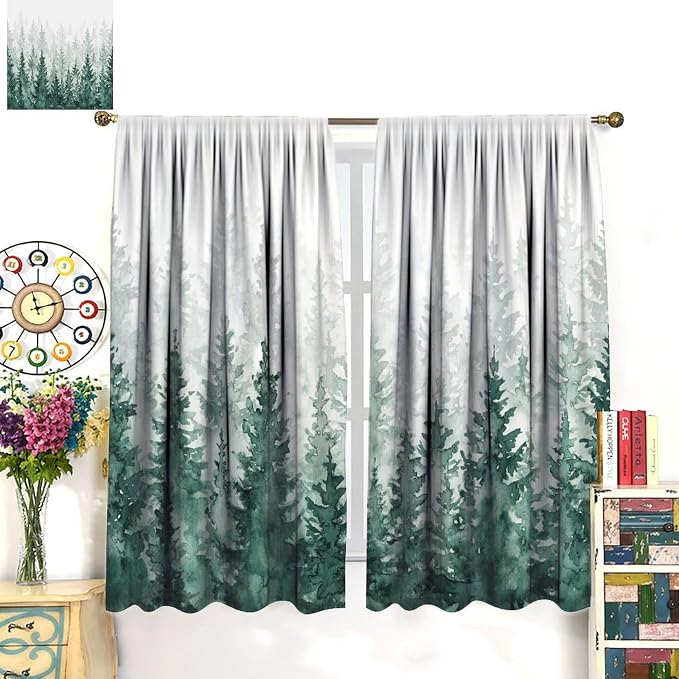 Green Forest Curtains, Watercolour Nature Misty Simple Pine Tree Tree Forest Plant Blackout Windows Treatments, Thermal Insulated Drapes for Kids Boys Girls Living Room Bedroom 63x63in
