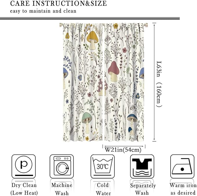 Mushroom Curtains,Colorful Plant Forest Botanical Print Window Treatments for Bedroom Living Room Kitchen Cartoon Herbs Floral Window Drapes 2 Panels Set,Total Size 42 x 63 Inch
