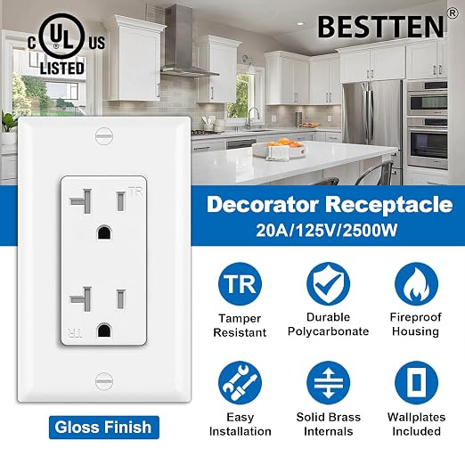BESTTEN 10 Pack 20 Amp Decor Wall Receptacle Outlet, 20A Tamper-Resistant (TR) Electrical Outlet with Wall Plate, Residential and Commercial Use, UL Listed, White