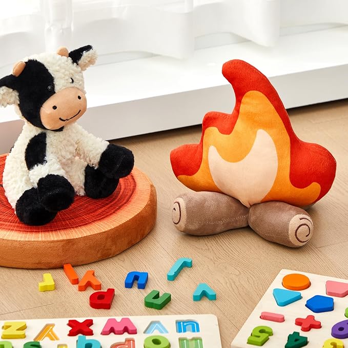 4 Pack Campfire Plush Toys Fake Fire Firewood Plush Pillow for Camping S'More Birthday Party Scene Setting Room Decoration and Woodland Forest Nursery Classroom Decor