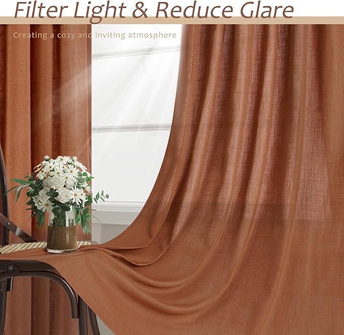 Boho Terracotta Linen Curtains 2 panels for Living Room Bab Tab Light Filtering Sheer Window Curtains Traditional Farmhouse Retro Rust Color Room Decor Desert Earthy Tone Drapes 52x80 inches Long