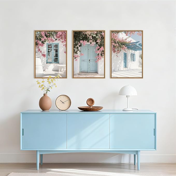 HOURIA Spring Modern Greek Island Cityscape Framed Canvas Wall Art Set,European White House Blue Door Shutter Landscape Wall Decor,Santorini Natural Pink Flower Artwork for Living Room, Bedroom-24"x36"x3