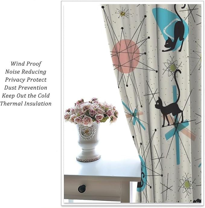 JESTRONRY Mid Century Curtains, Black Cat Atomic Stars Abstract Geometric Vintage Kitty Animal Room Darkening Door Window Rod Pocket Curtain for Living Room Bedroom 72x63in
