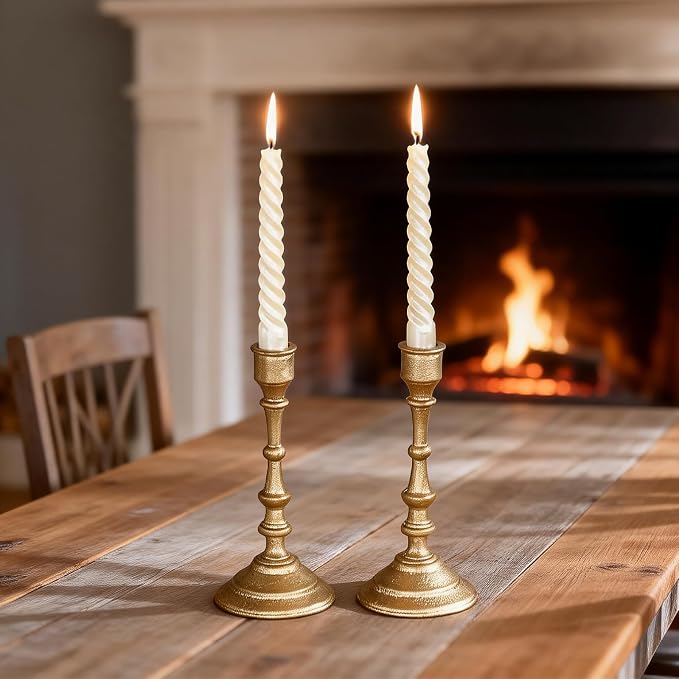 Antique Brass Candle Holders Set of 2 – Heavy Duty Cast Iron Candle Stick Holder for Table Centerpiece Home Decor Gift