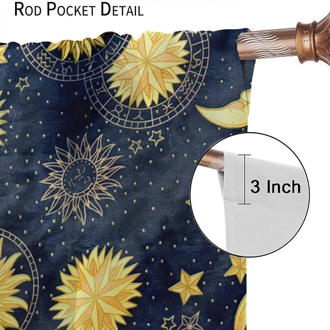 Boho Sun Moon Blackout Window Curtains, Bohemian Golden Sun Moon Stars Print Rod Pocket Window Drapes, for Living Room Bedroom 63x72in 2 Panels