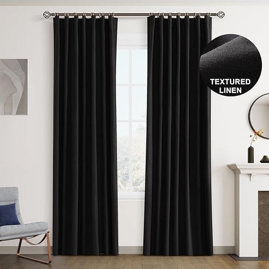 Joywell 100% Blackout Linen Curtains 80 Inches Long for Bedroom Window 2 Panels Set Black Out Curtain Hook Belt Back Tab Noise Reduction Drapes for Living Room Window,W52 x L80,Black