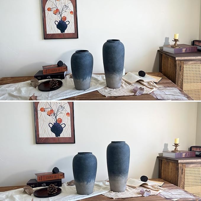 Ceramic Rustic Farmhouse Vase, 12 Inch Black Handmade Pottery Flower Vase for Home Decor, Rustic Living Room Decor, Wedding Gifts, Shelf & Table Decoration