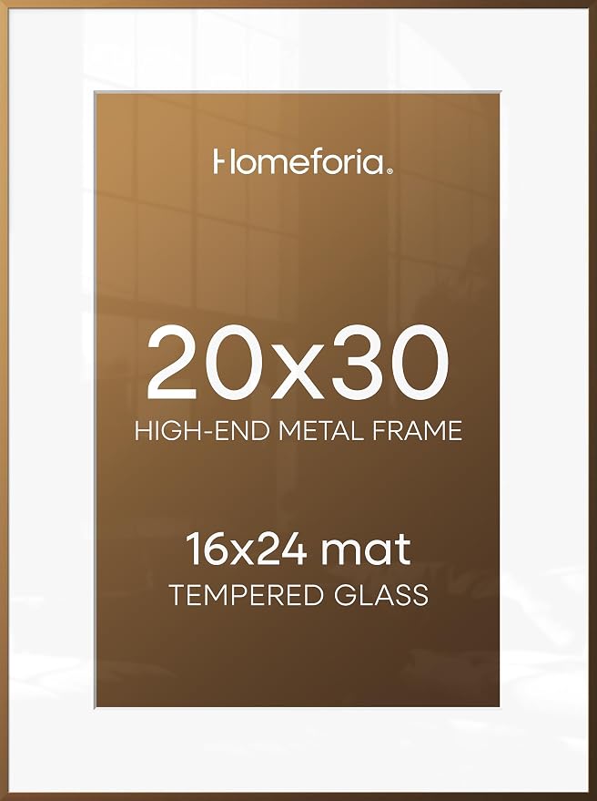 Homeforia 20x30 Picture Frame Bronze, High End Metal 20 x 30 Large Poster Frames with Mat 16 by 24 for Photo, 20x30 Brass Frame Matted to 16x24, 30x20 Hanging Frame, Tempered Glass, Wall Kit, Set of 1