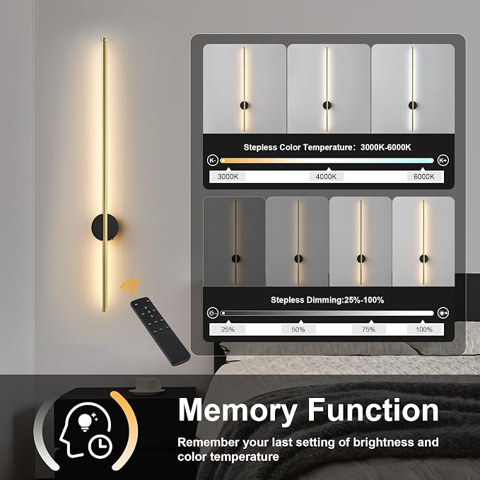 Battery Operated Modern Wall Sconce Set of Two,Rechargeable Wireless Wall Lights with Remote Control,Dimmable,3 CCT,Cordless Lighting Fixtures for Bedroom,Living Room,Hallway,39.3 Inch,Black Gold