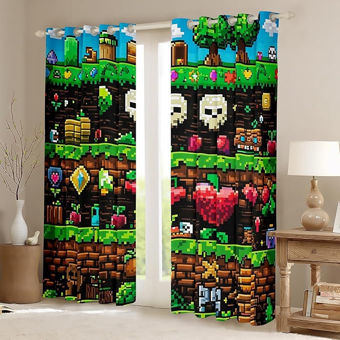 Castle Fairy Video Games Window Curtain,Colorful Pixelated Themed Bedroom Decor Curtains for Kids Boys Teens,Sandbox Block Window Treatment Funny Gamer Blackout Drapes 2 Panels,42Wx63L