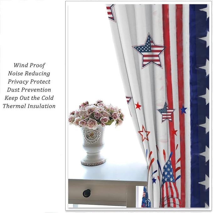 American Flag Curtains,4th of July Independence Day Stars Stripes Cute Gnome Print Drape for Bedroom Living Room Window Treatment 2 Panels Set Total Size 63" W X 72" L Inch