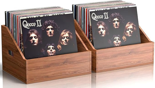 2 Pack Wood Vinyl Record Storage, Retro & Durable Vinyl Crate and Record Holder, Album Storage Record Case Box for 120+ Records, Perfect Record Organizer for Home Decor and Collection Display(Brown)