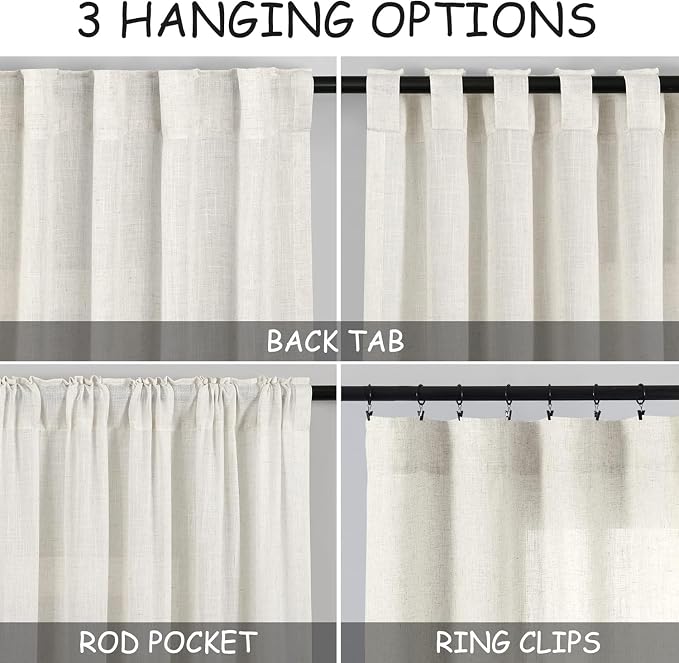 Nanspring Cafe Linen Curtains 40 Inch Length Cream Privacy Semi Sheer Light Filtering Back Tab and Rod Pocket Drapes for Basement/Loft Room Small Window 34 x 40 Inch,2 Panels
