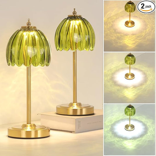 Shenmoyl Set of 2 Tulip Table Lamp with 5000mAh Battery & Touch Control, Cordless Table Lamp with 3 Colors, Dimmable Rechargeable Table Lamps for Bedroom, Living Room, Entryways (Green Tulip)