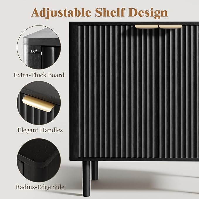 IKALIFE Sideboard Buffet Cabinet with Storage, Modern Fluted Accent Credenza with Doors & Adjustable Shelves, Wood Coffee Bar Console Table for Living Room, Dining Room, Kitchen Entryway 31.5" Black