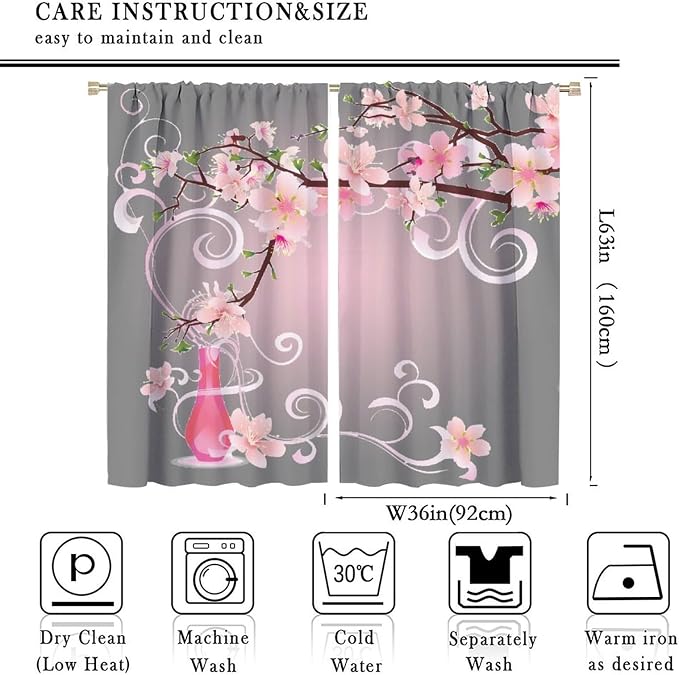 Cherry Blossom Curtains,Pink Flower Japanese Floral Print Window Treatments for Bedroom Living Room Kitchen Polyester Fabric Window Drapes 2 Panels Set,Total Size 72 x 63 Inch