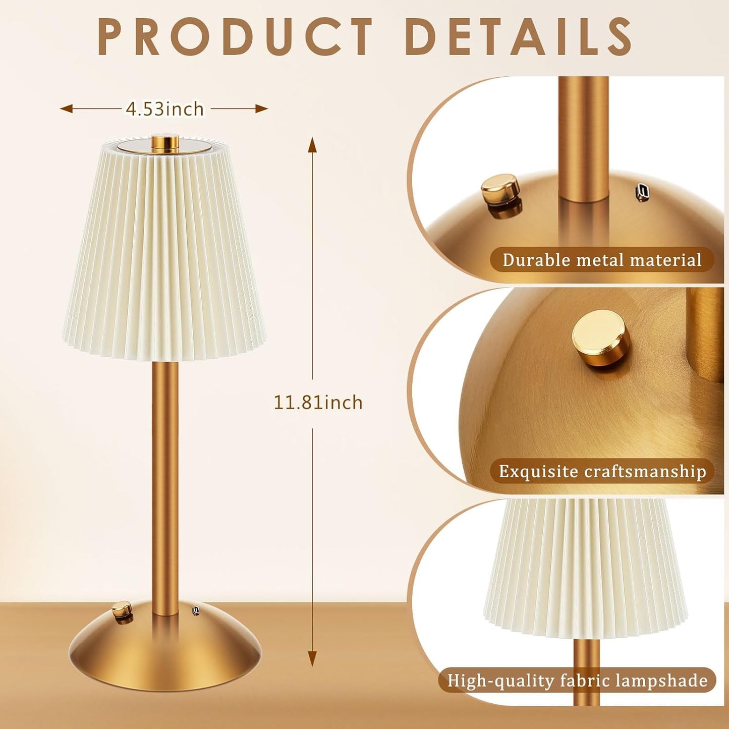 Liliful 2 Pcs LED Portable Cordless Table Lamp Touch Battery Operated Rechargeable Desk Lamp 3 Color Dimmable for Bedroom Living Room Dining (Beige Cloth Style,Gold)