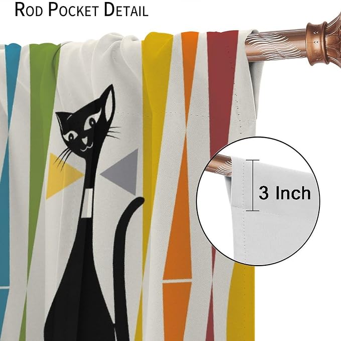 JESTRONRY Mid Century Style Curtains,Black Cat Modern Abstract Geometric Vintage Colorful Shape Pattern Theme Home Fabric Living Room Bedroom Kitchen Bathroom Decor 72x63in