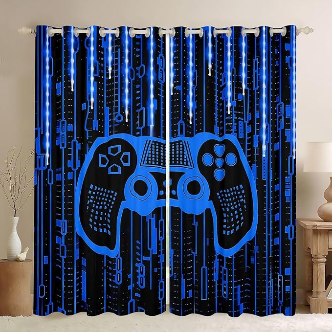 Feelyou Kids Boys Blue Gamer Darkening Drapes Gamer Blackout Curtains Game Window Curtains Light 3D Gaming Window Treatments Gamer (2 Panels, 52 x 84 Inch)