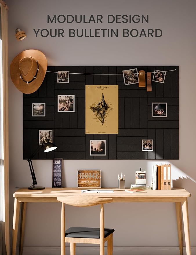 Fluxynara Felt Bulletin Board Tiles Large 36" x 24" Cork Board Alternative-6 Pack with 32 Adhesive Tabs, Thick Slat Wall Panels for Office Decor, Push Pin Board Wall Organizer Alternative - Black