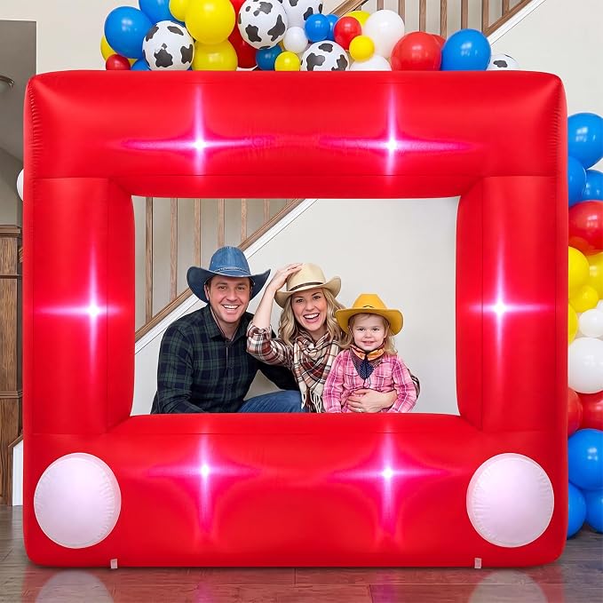 Soulchen 6 x 5 ft Inflatable Cartoon Story Photo Frame Decor with Built in LEDs Lighted and Air Blower, Large Red Blow up Giant Picture Frame for Birthday Photo Props